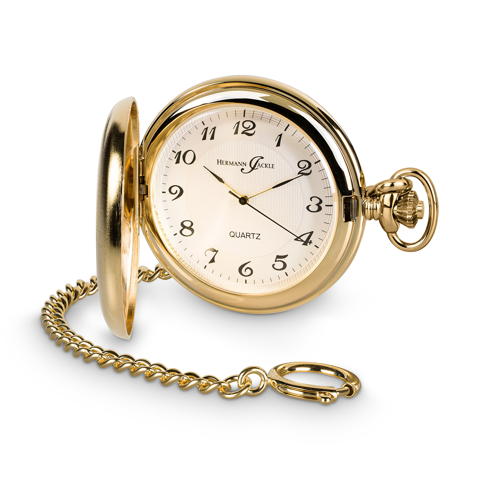 Hermann Jäckle Todtnau Vergoldet Quarz Taschenuhr Mineralglas Kette Reiseetui 50 mm