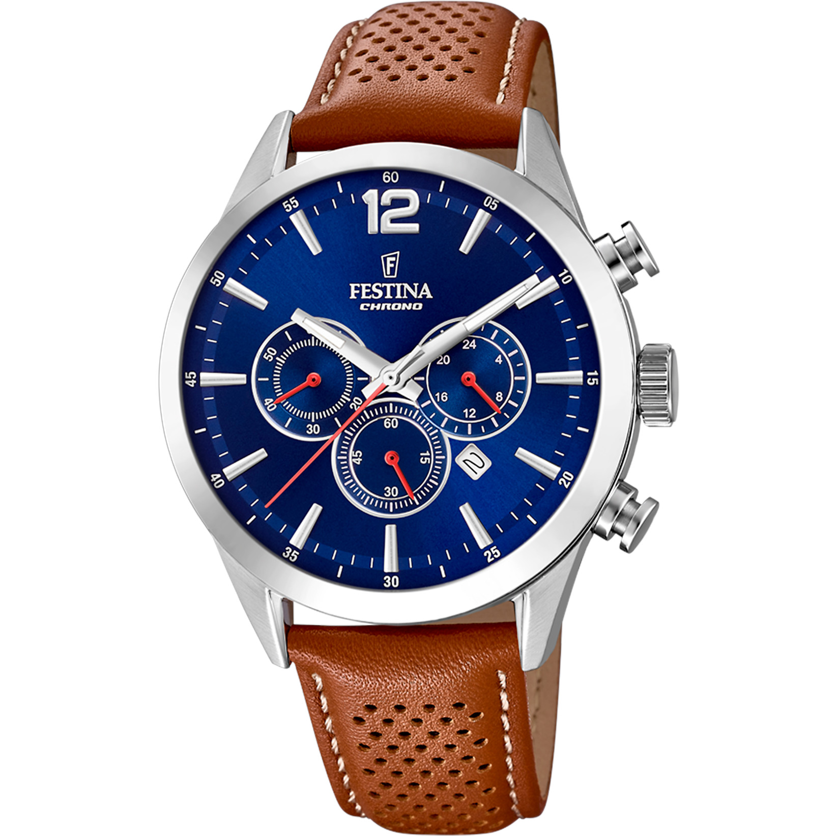 Festina Chronograph F20542-3 Blau Lederband Braun 43,5 mm