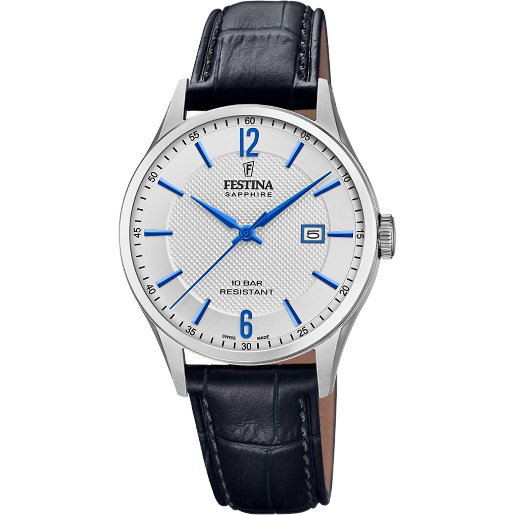 Festina Swiss Made Herrenuhr F20007-2 Silber Lederband Schwarz 40 mm
