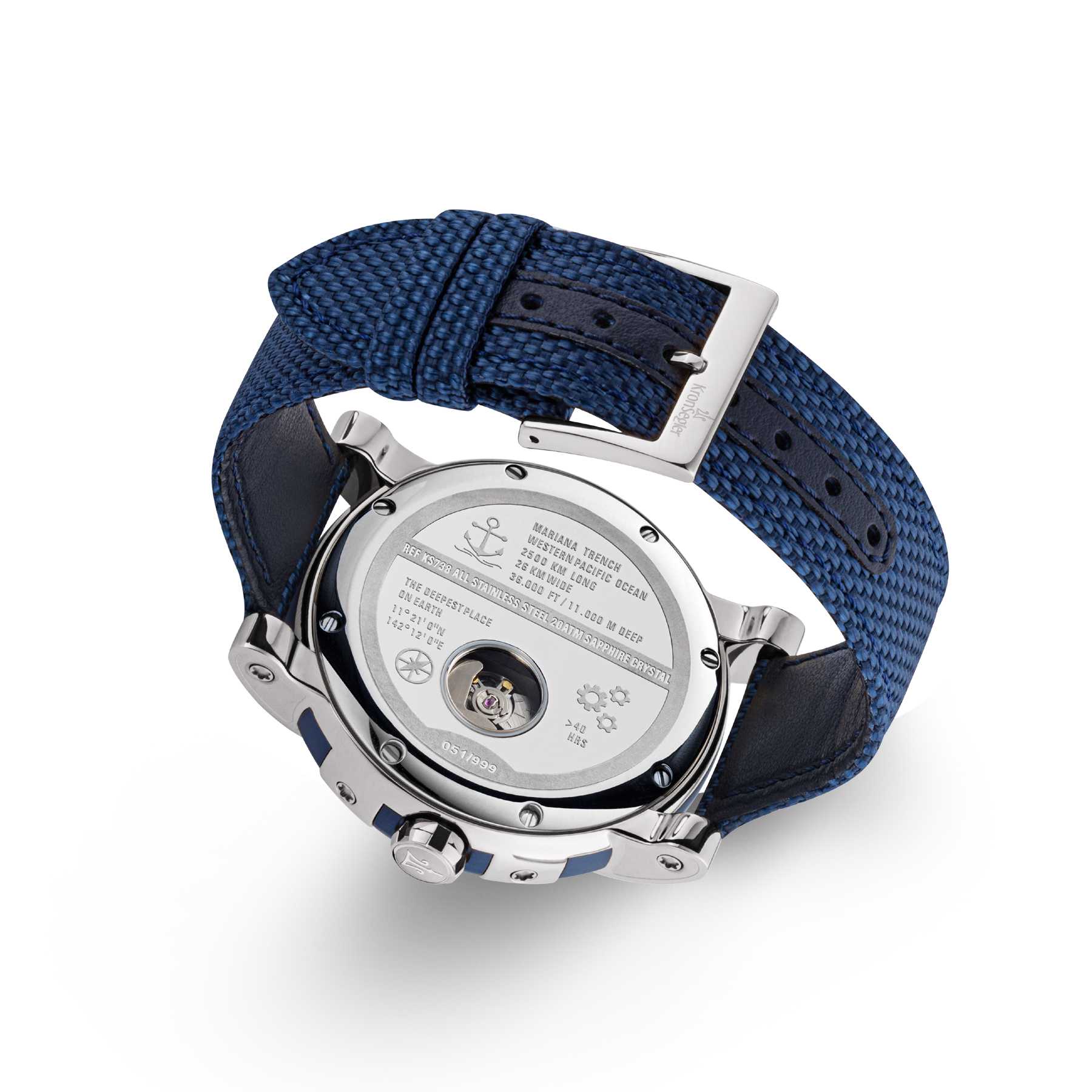 MarianaTrench-Stahl-Blau-Rueck-AufWeiss Kronsegler Mariana Trench KS738st-blau Automatikuhr PU-Nylonband 46 mm Rückseite