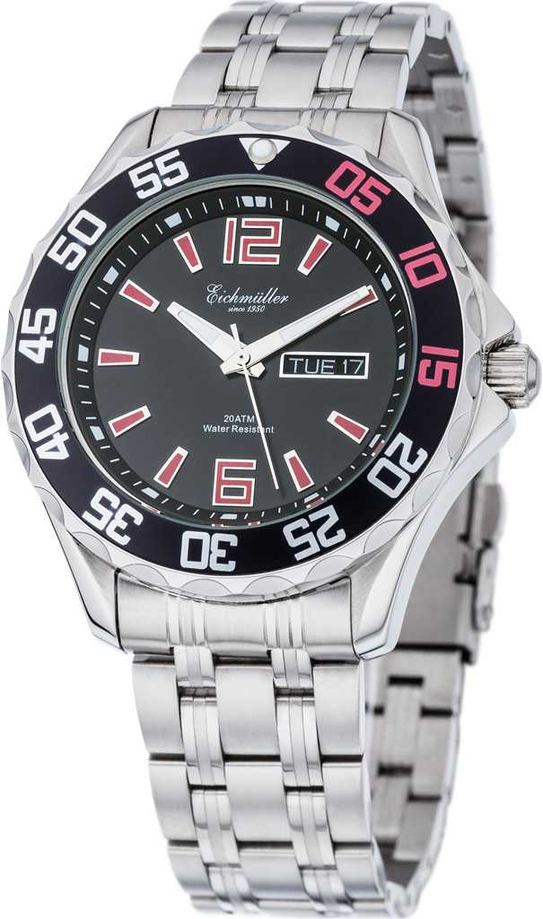 Eichmüller Taucheruhr 3480-07 Edelstahlband silberfarben schwarz  rot 41 mm | B-Ware