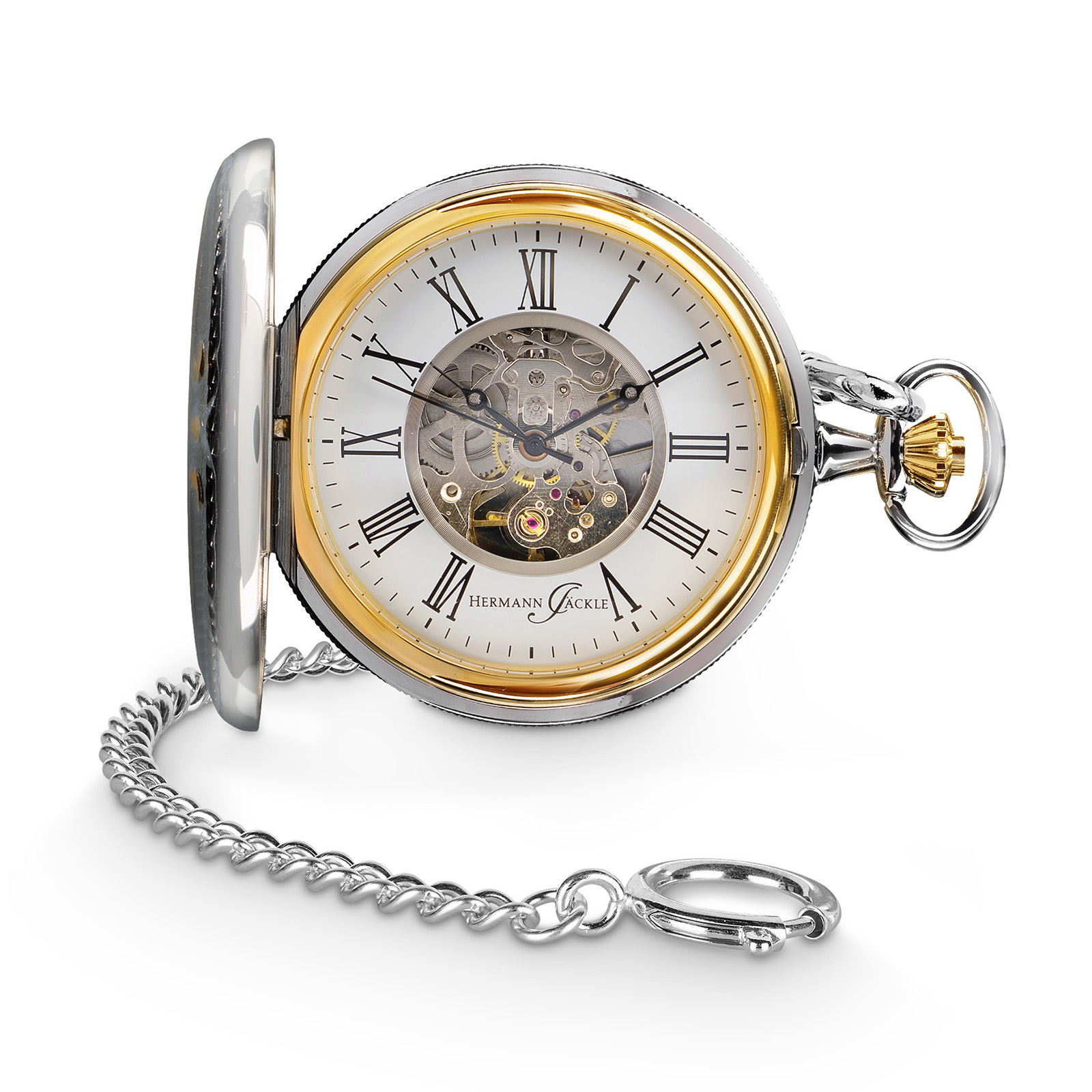 Hermann Jäckle Augsburg II Skelett-Taschenuhr Handaufzug Mineralglas Kette & Reiseetui 50 mm