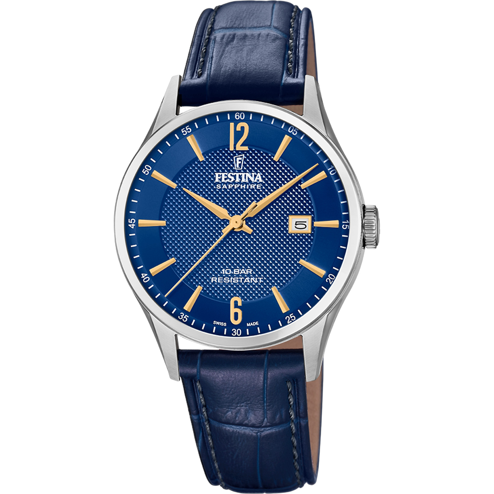 Festina Swiss Made Herrenuhr F20007-3 Blau Lederband 40 mm