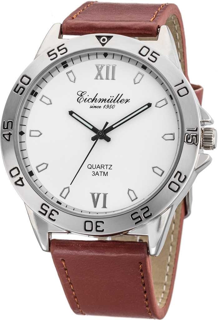 Eichmüller Herrenuhr RE1041 silberfarben-weiss-braun Lederband 44 mm