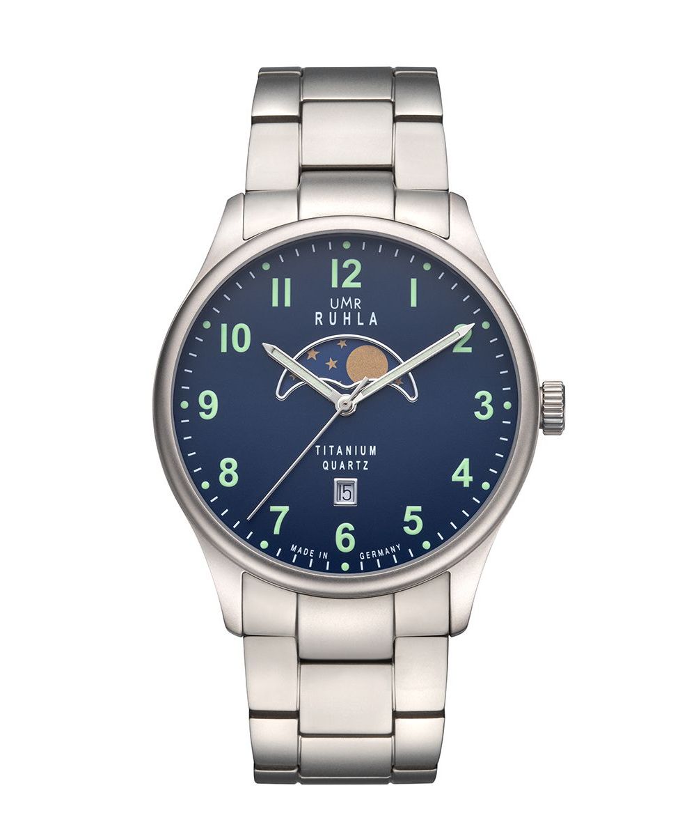 UMR Ruhla Mondphase Herrenuhr 20912M Blau Titanband 41,5 mm