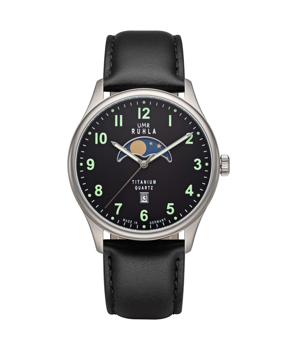 UMR Ruhla Mondphase Herrenuhr 20911 Schwarz Lederband 41,5 mm