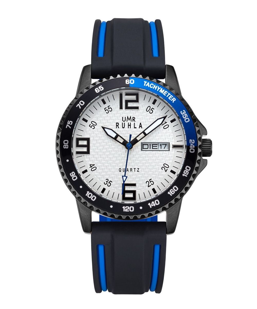 UMR Ruhla Sport Herrenuhr 39009 Weiss Silikonband Schwarz/Blau 40 mm