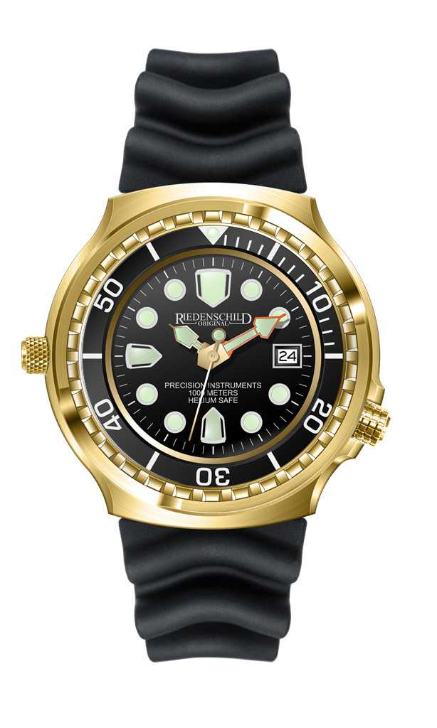 Riedenschild RS9000-11 Taucheruhr IP-vergoldet/Schwarz 100ATM Silikonband 46 mm front