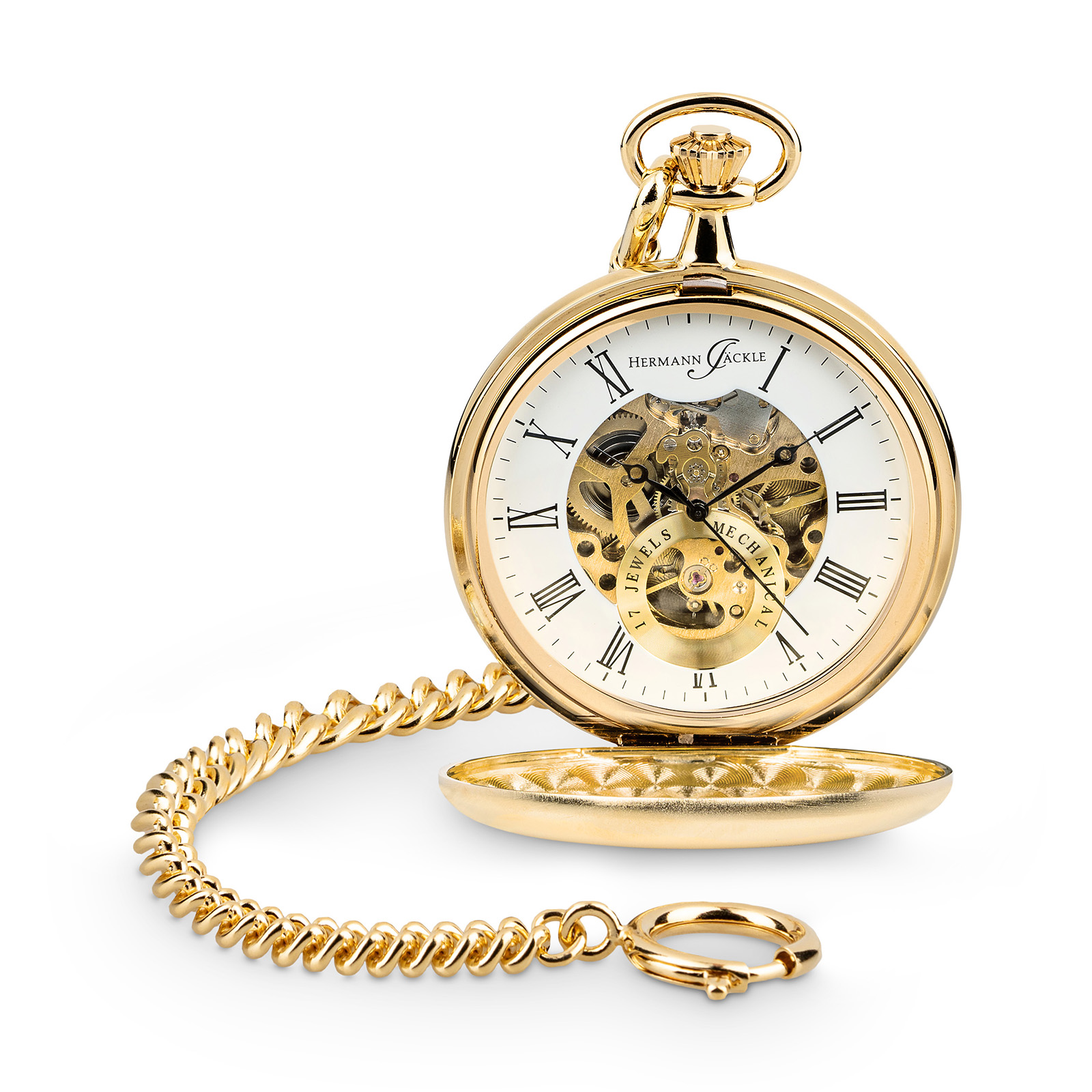 Hermann Jäckle Heidelberg Vergoldet Taschenuhr Handaufzug Mineralglas Kette Reiseetui