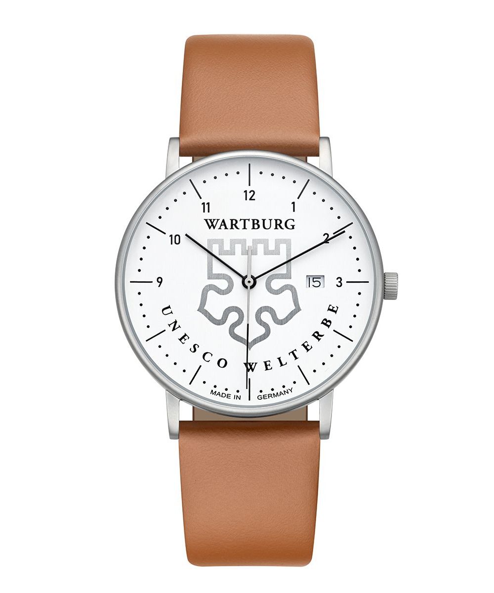 UMR Ruhla Wartburg Herrenuhr 30430-BR Weiss Lederband Braun 39 mm