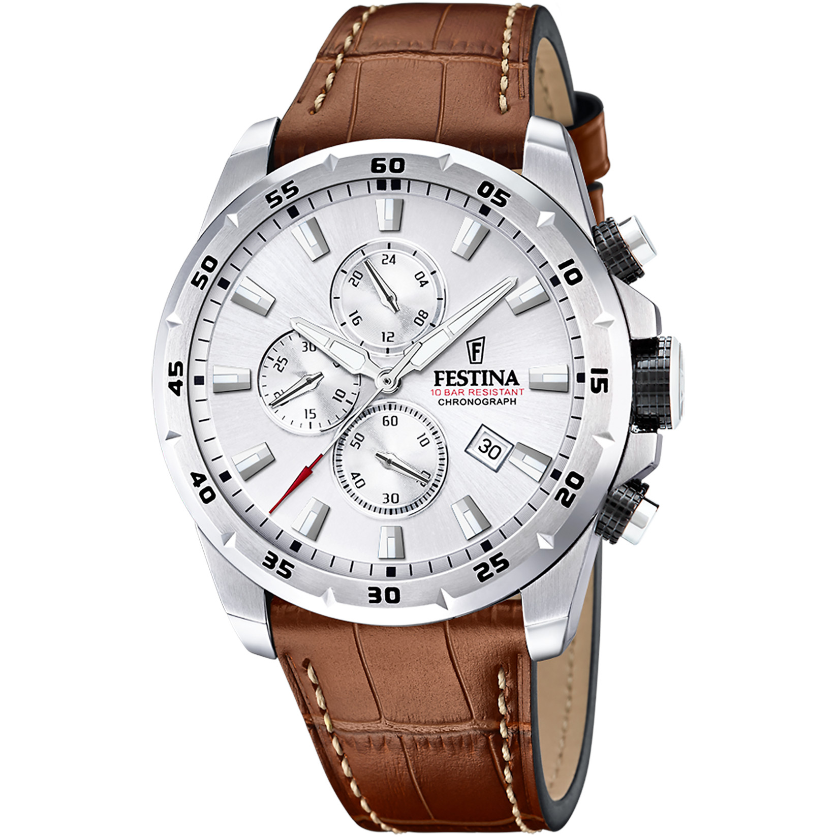Festina Chronograph F20692-1 Silbern Lederband Braun 45 mm