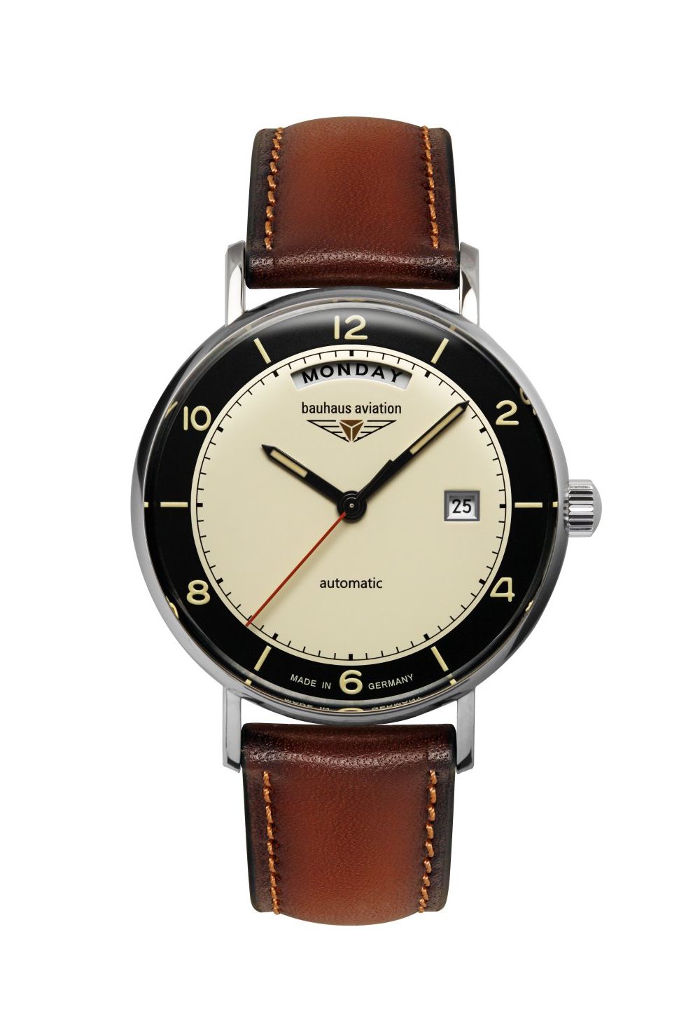 Bauhaus 2462-2 Automatikuhr Beige Lederband Braun 41 mm