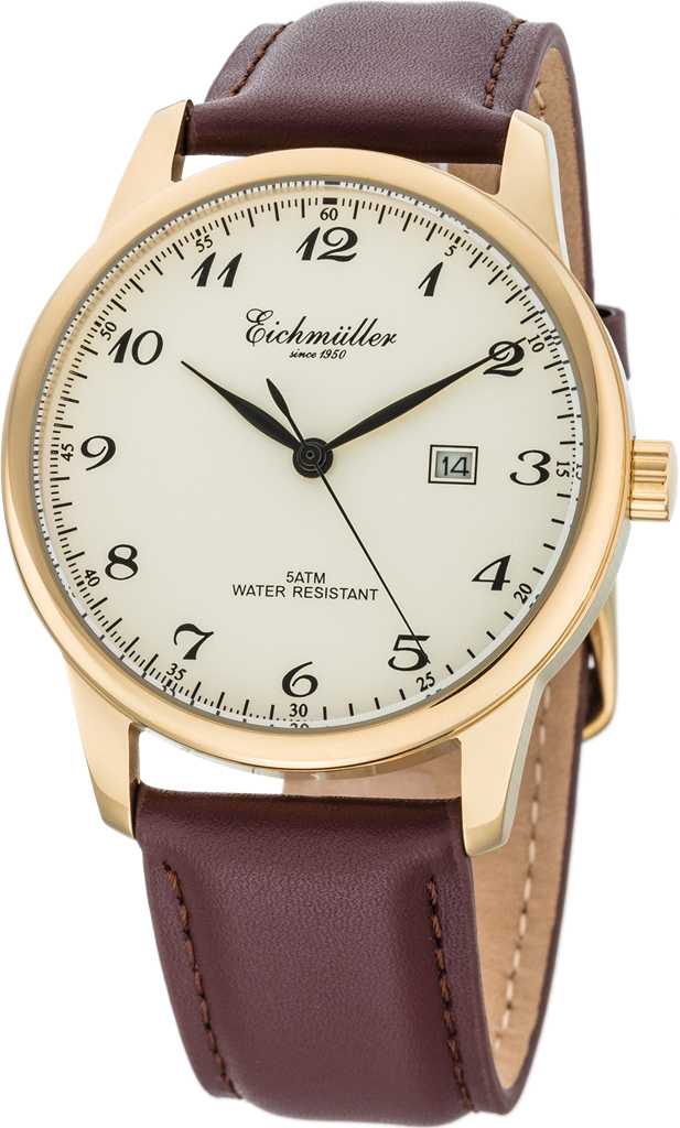 Eichmüller Herrenuhr RE1062 Edelstahl goldfarben-weiss-braun Lederband 42 mm