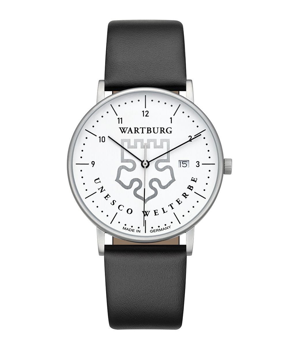 UMR Ruhla Wartburg Herrenuhr 30430-SW Weiss Lederband Schwarz 39 mm