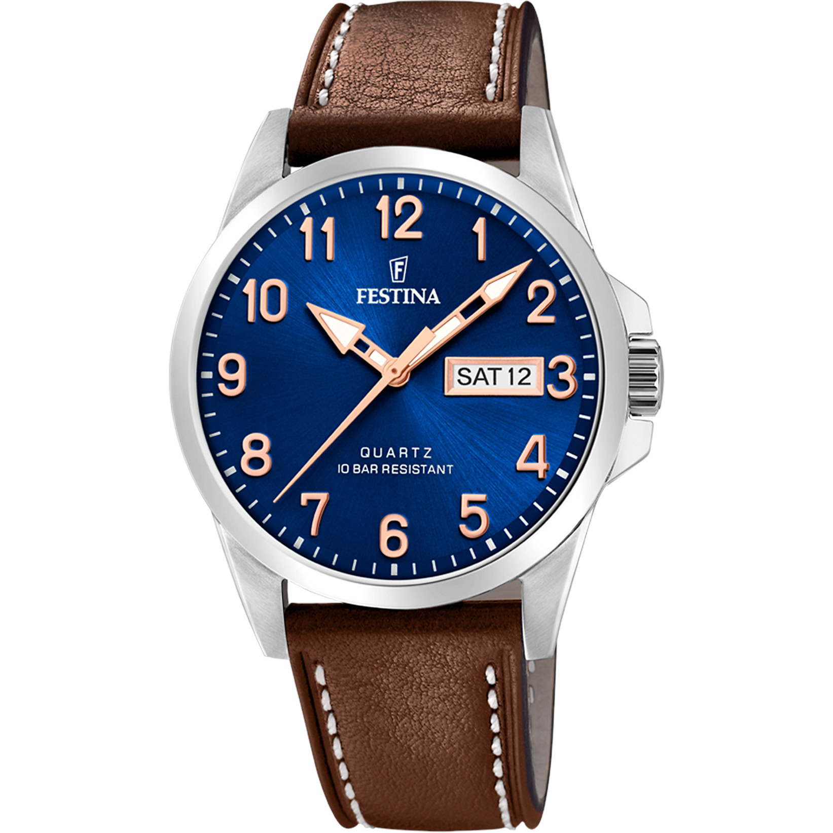 Festina Herrenuhr F20358-B Blau Lederband Braun 41 mm