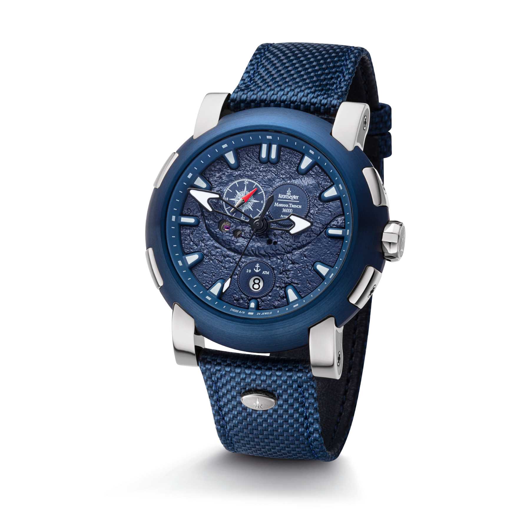 MarianaTrench-Stahl-Blau-Front-AufWeiss Kronsegler Mariana Trench KS738st-blau Automatikuhr PU-Nylonband 46 mm