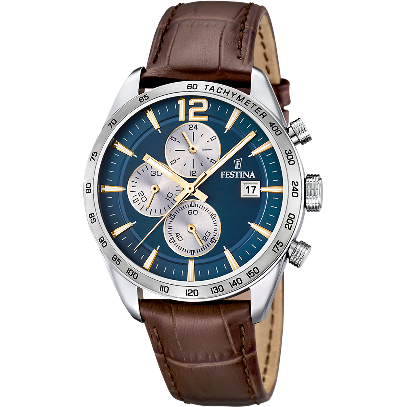 Festina Chronograph F16760-7 Blau Lederband Braun 43,5 mm
