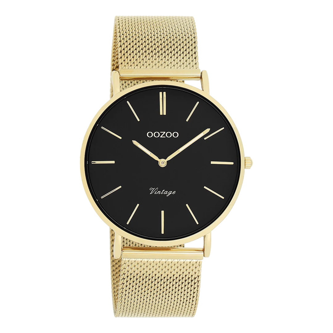 Oozoo Vintage Armbanduhr C9913 Schwarz Milanaiseband IP-Gold 40 mm