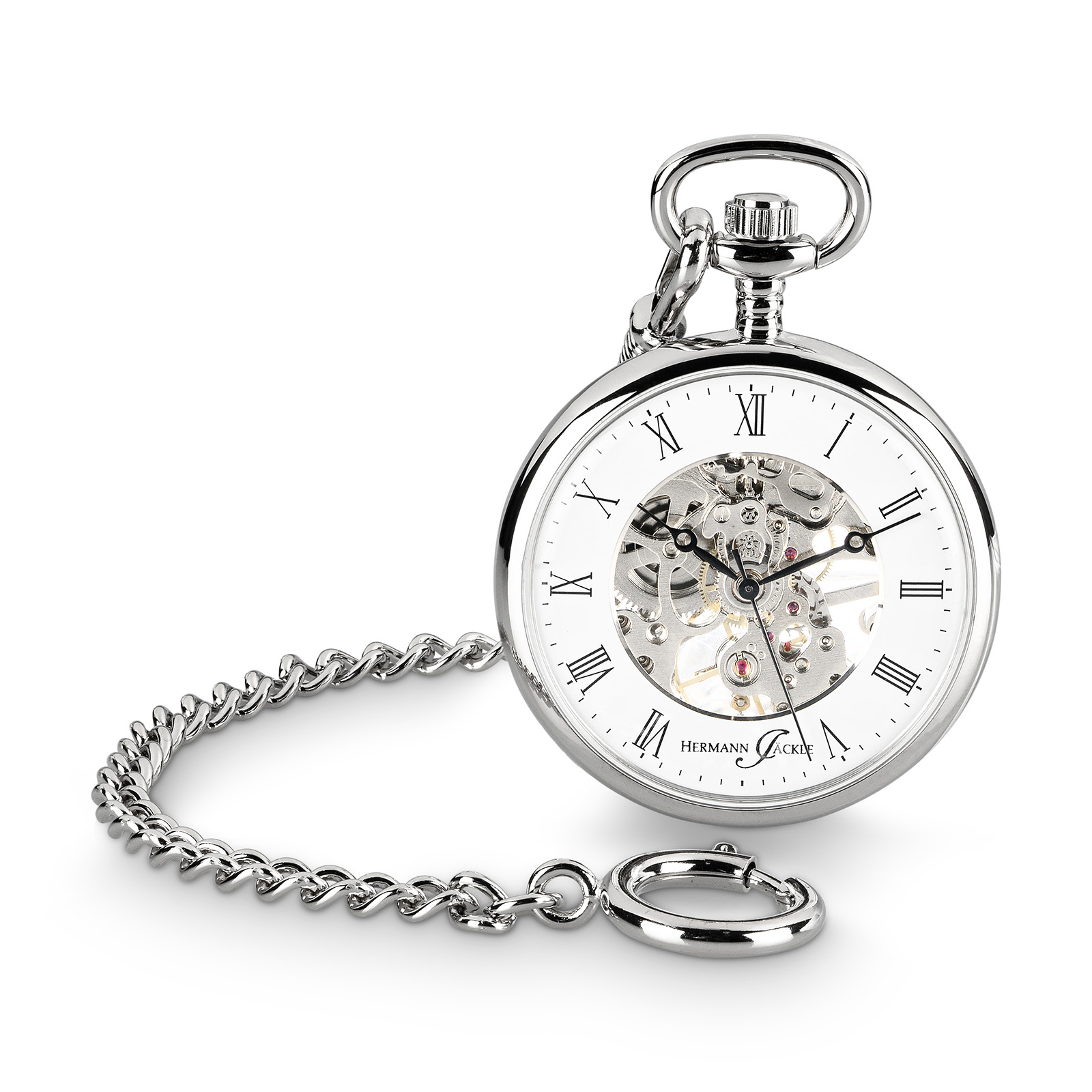 Hermann Jäckle Taschenuhr Limburg Skelett Handaufzug Mineralglas Kette Reiseetui 41 mm