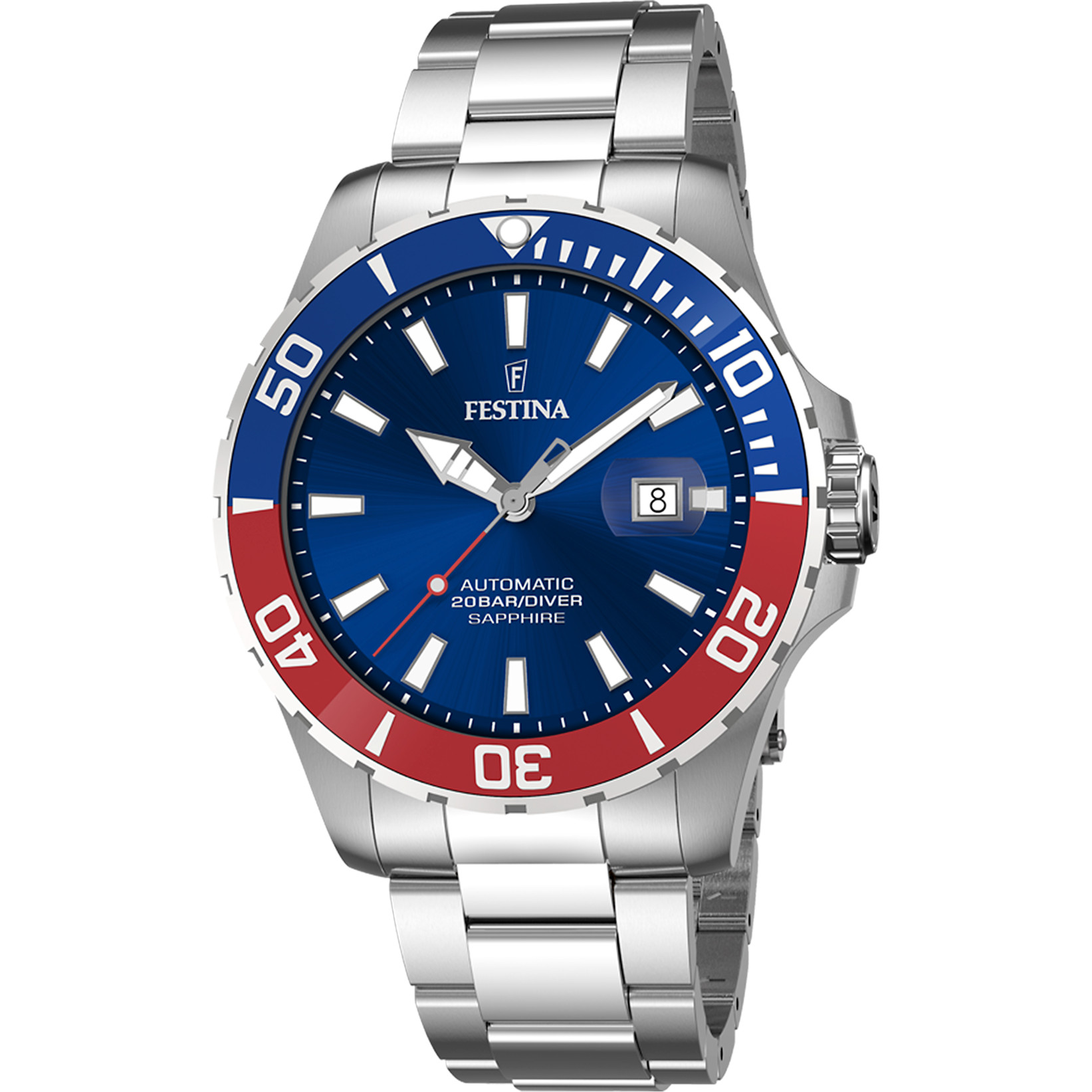 Festina Taucher Automatikuhr F20531-5 Blau/Rot Edelstahlband 44 mm