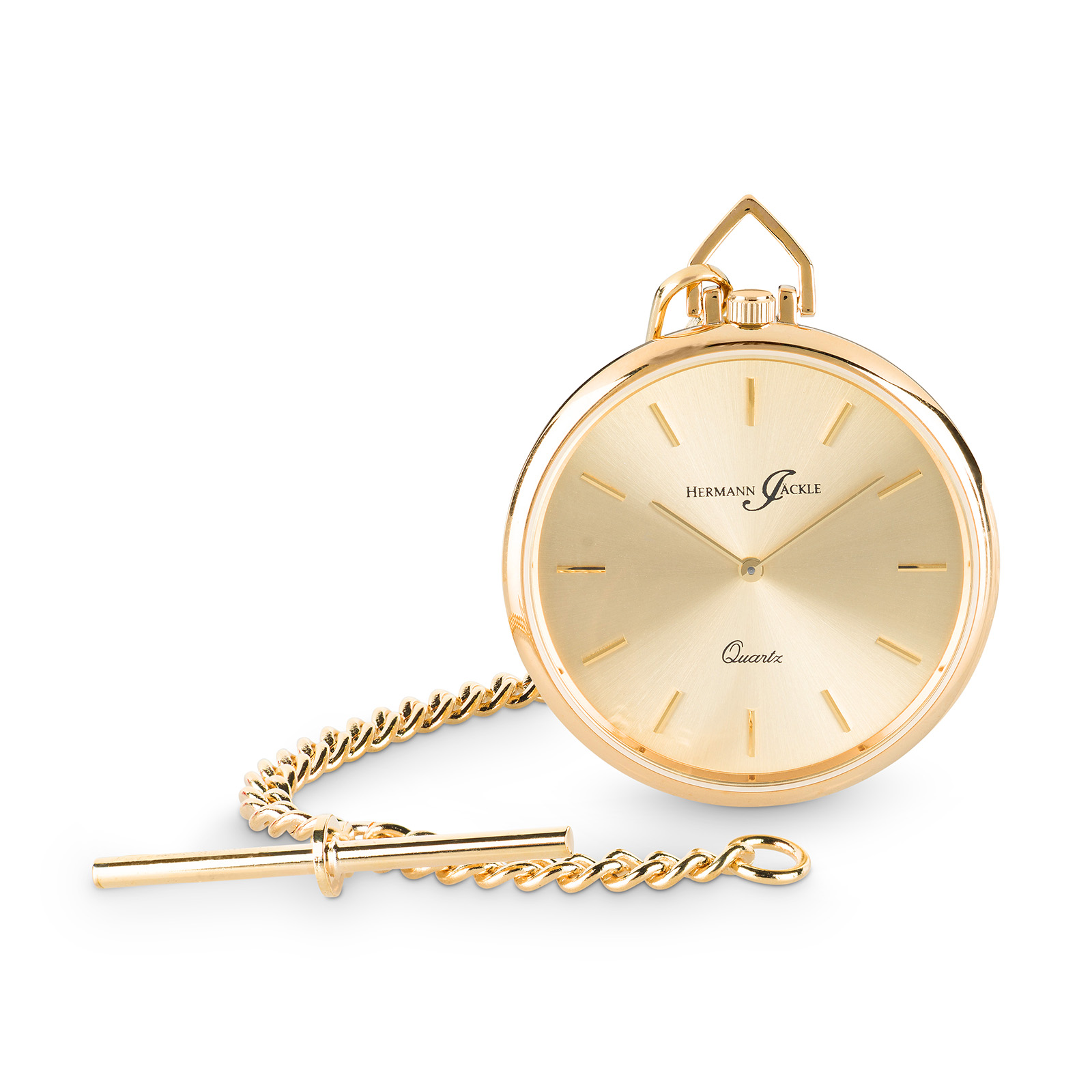 Hermann Jäckle Dresden II Vergoldet Quarz Taschenuhr Mineralglas Kette Reiseetui