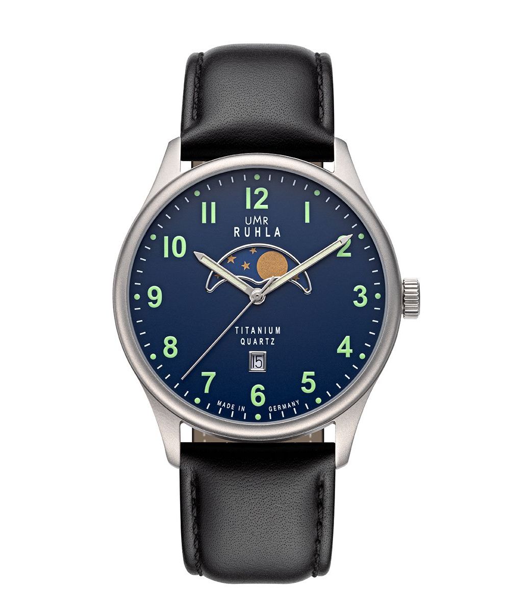 UMR Ruhla Mondphase Herrenuhr 20912 Blau Lederband Schwarz 41,5 mm