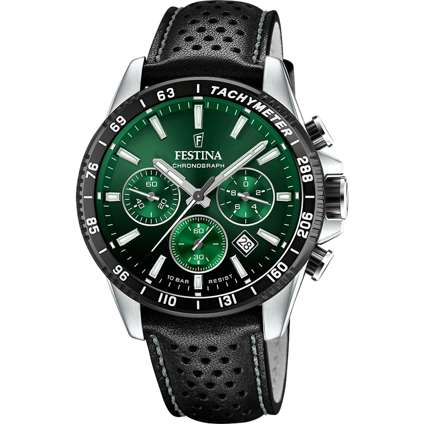 Festina Chronograph F20561-5 Grün Lederband Schwarz 45 mm