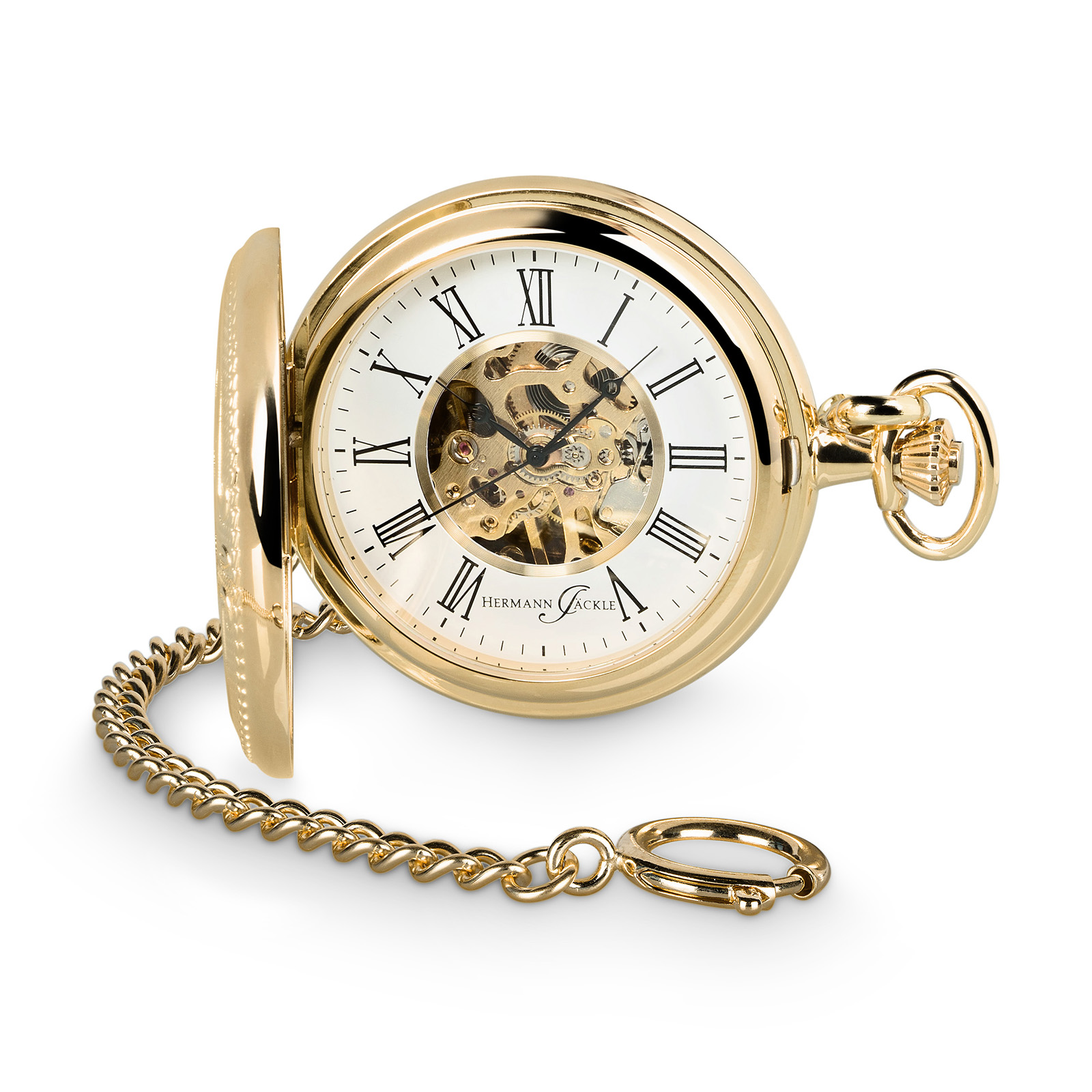 Hermann Jäckle Bayreuth II Vergoldet Skelett Taschenuhr Handaufzug Mineralglas Kette Reiseetui 50 mm