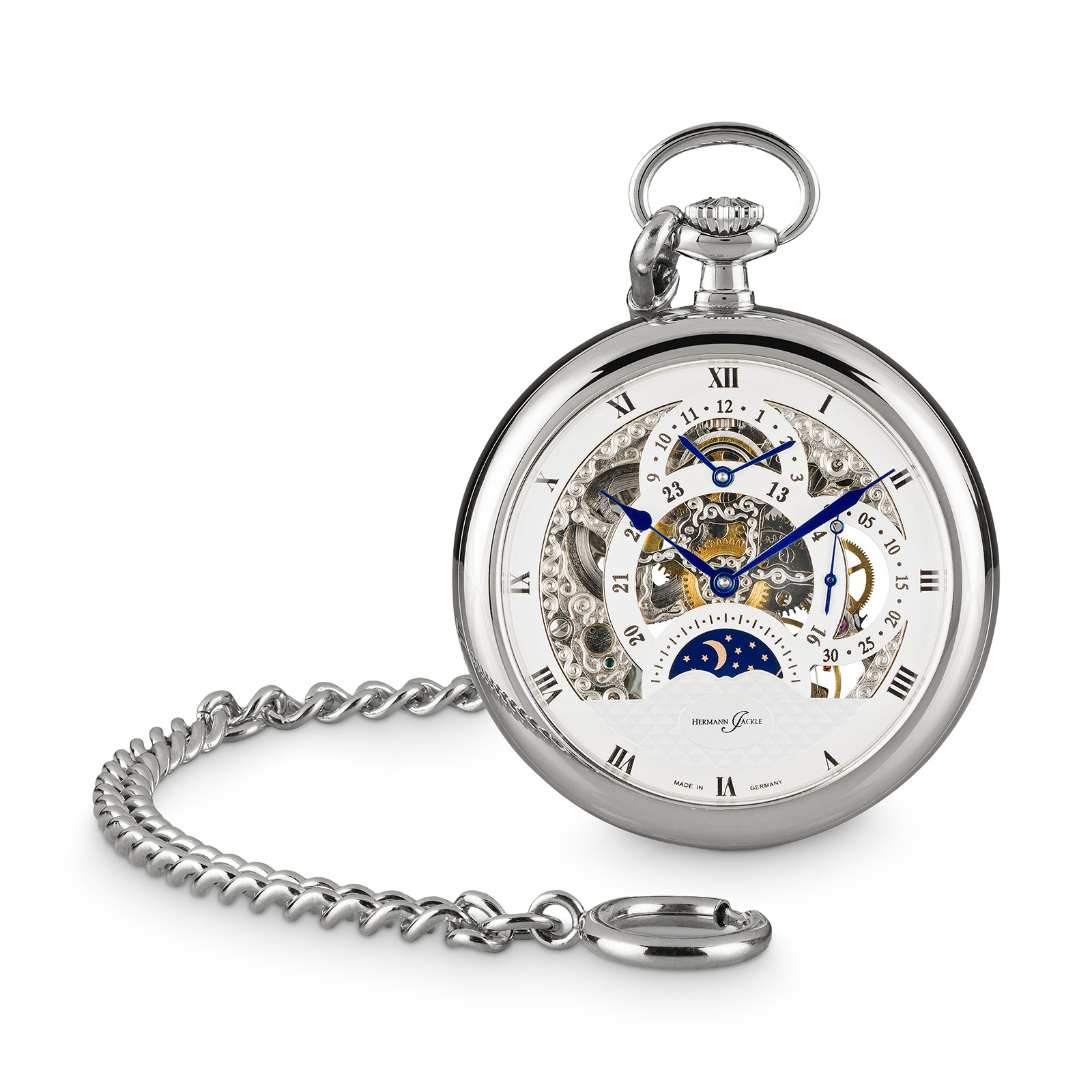 Hermann Jäckle Tuttlingen II Skelett Taschenuhr Handaufzug Kette Reiseetui 50 mm