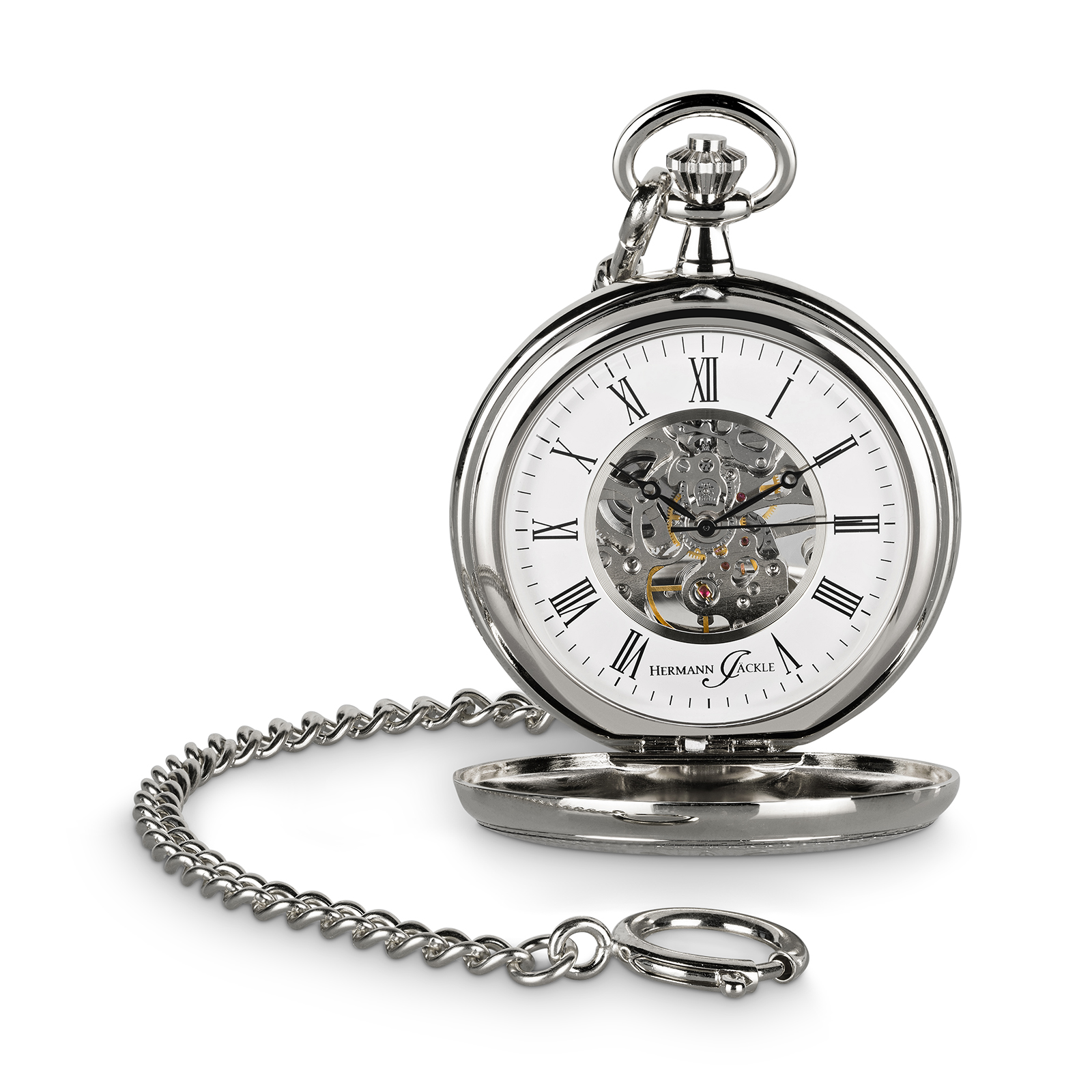 Hermann Jäckle Bayreuth Skelett Taschenuhr Handaufzug Mineralglas Kette Reiseetui 50 mm