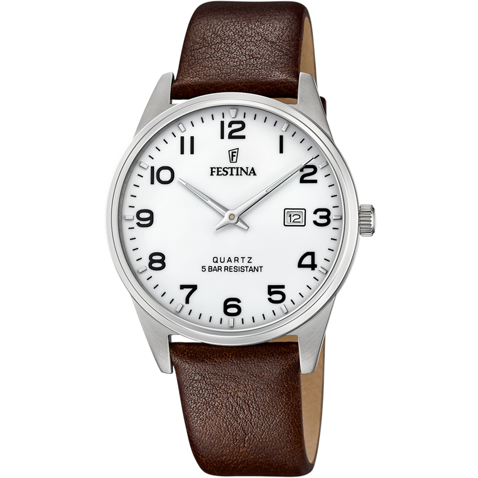 Festina Herrenuhr F20512-1 Weiss Lederband Dunkelbraun 39,3 mm