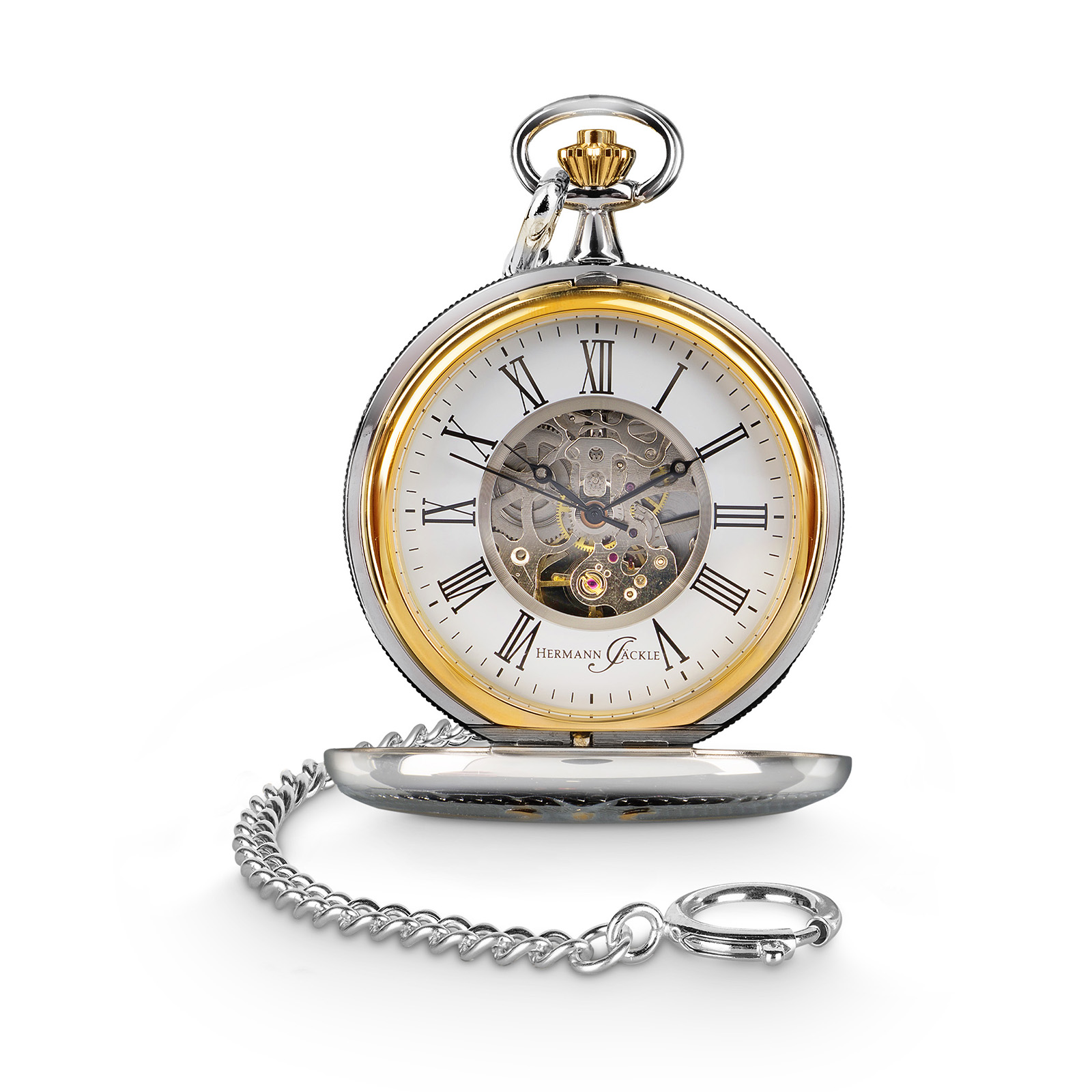 Hermann Jäckle Augsburg Skelett-Taschenuhr Handaufzug Mineralglas Kette & Reiseetui 50 mm