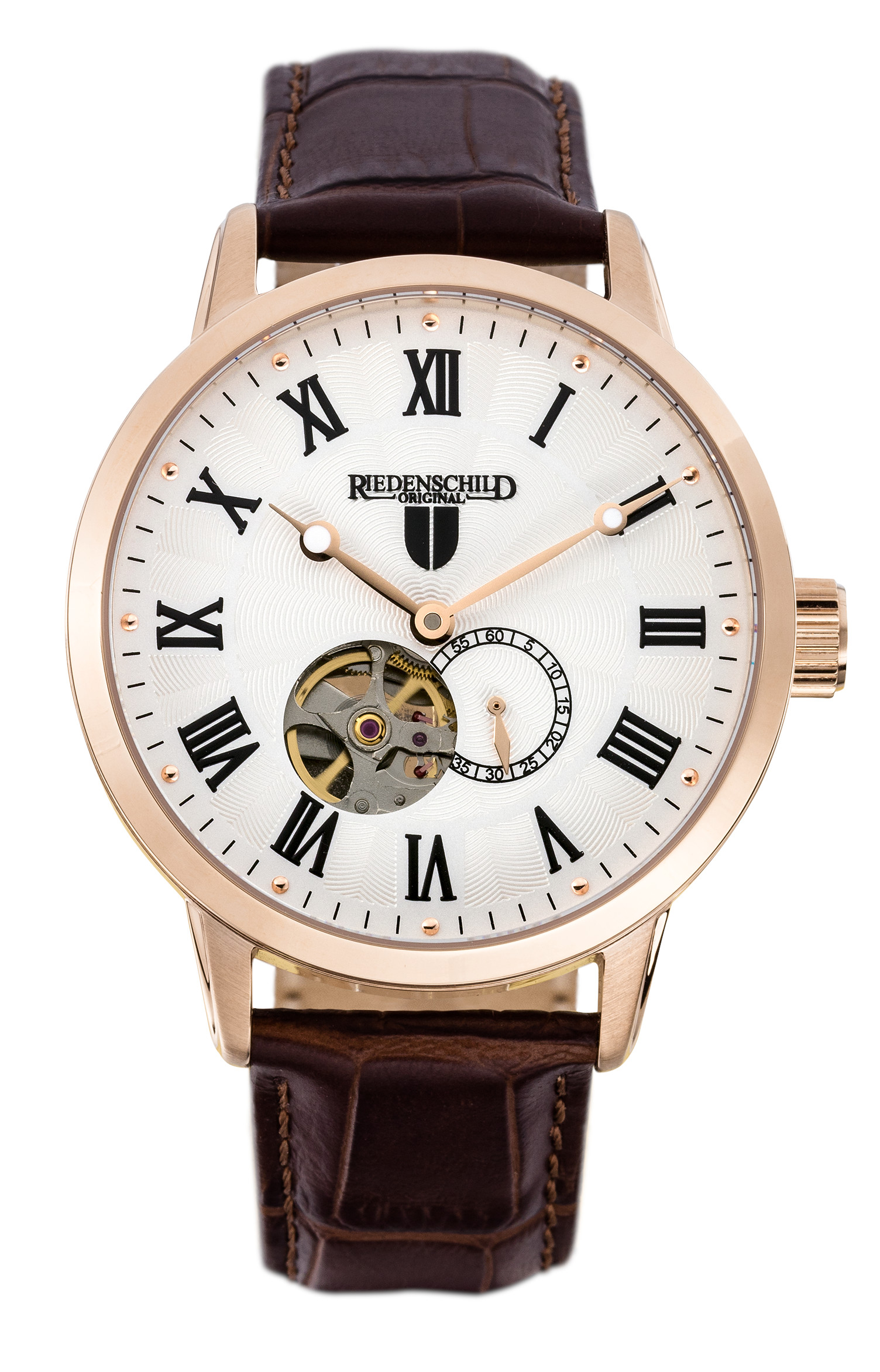 Riedenschild RS7601-04 Automatikuhr IP-Rose Weiss Lederband Braun 42 mm