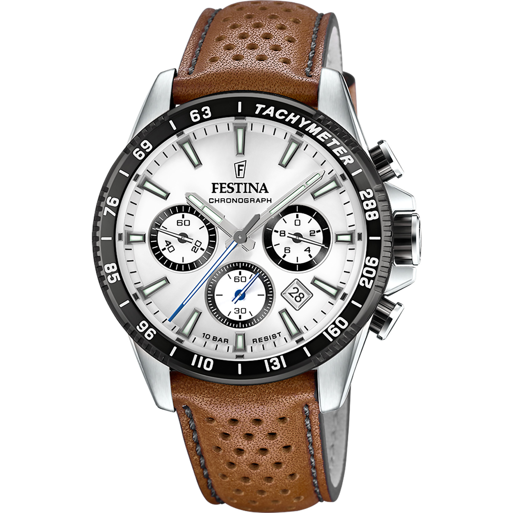Festina Chronograph F20561-1 Silbern Lederband Braun 45 mm
