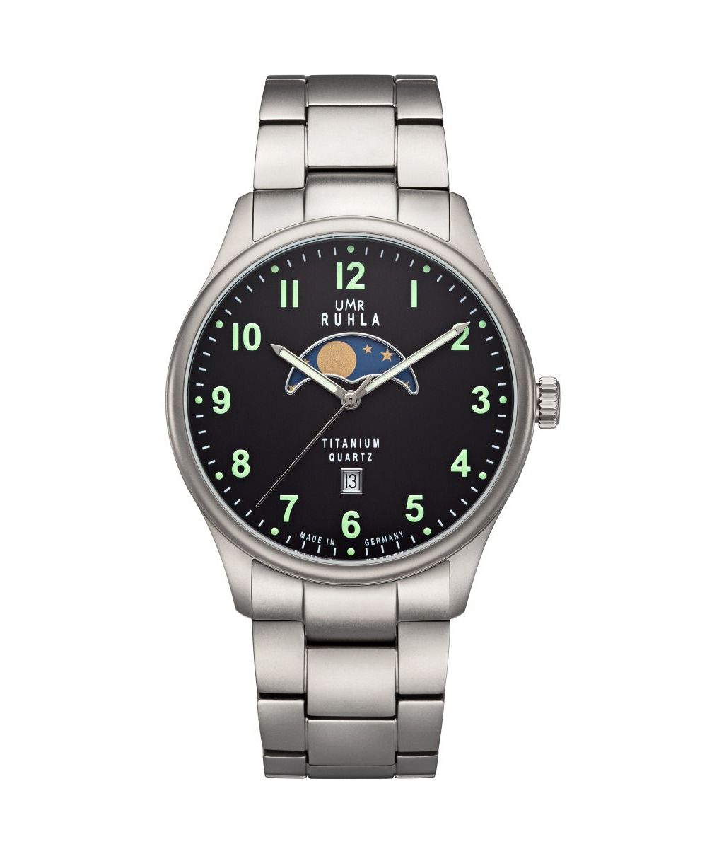 UMR Ruhla Mondphase Herrenuhr 20911M Schwarz Titanband 41,5 mm