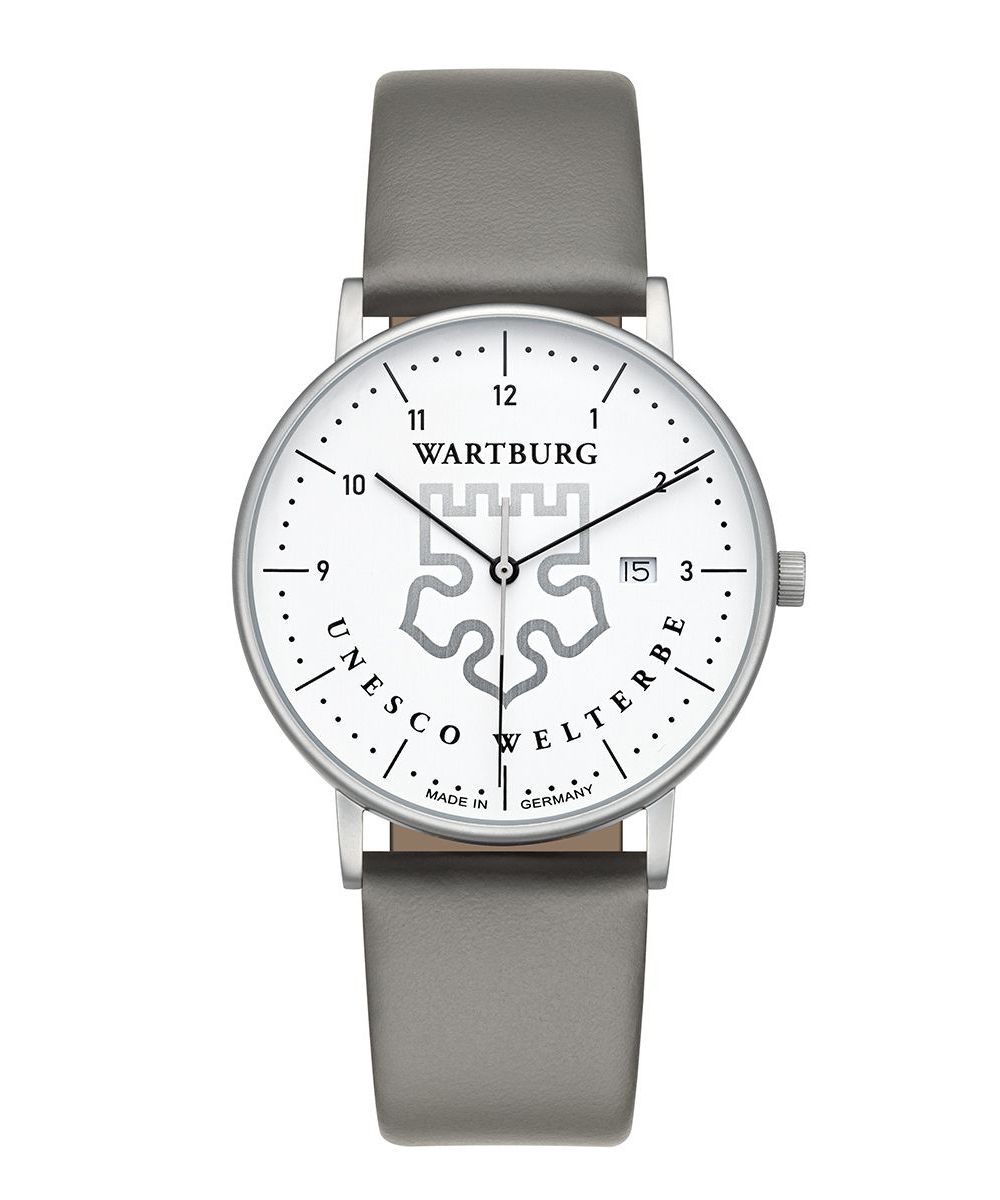 UMR Ruhla Wartburg Herrenuhr 30430-GR Weiss Lederband Grau 39 mm