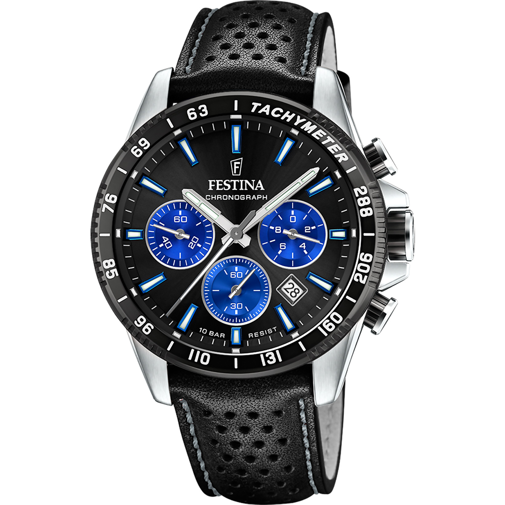 Festina Chronograph F20561-6 Blau Lederband Schwarz 45 mm