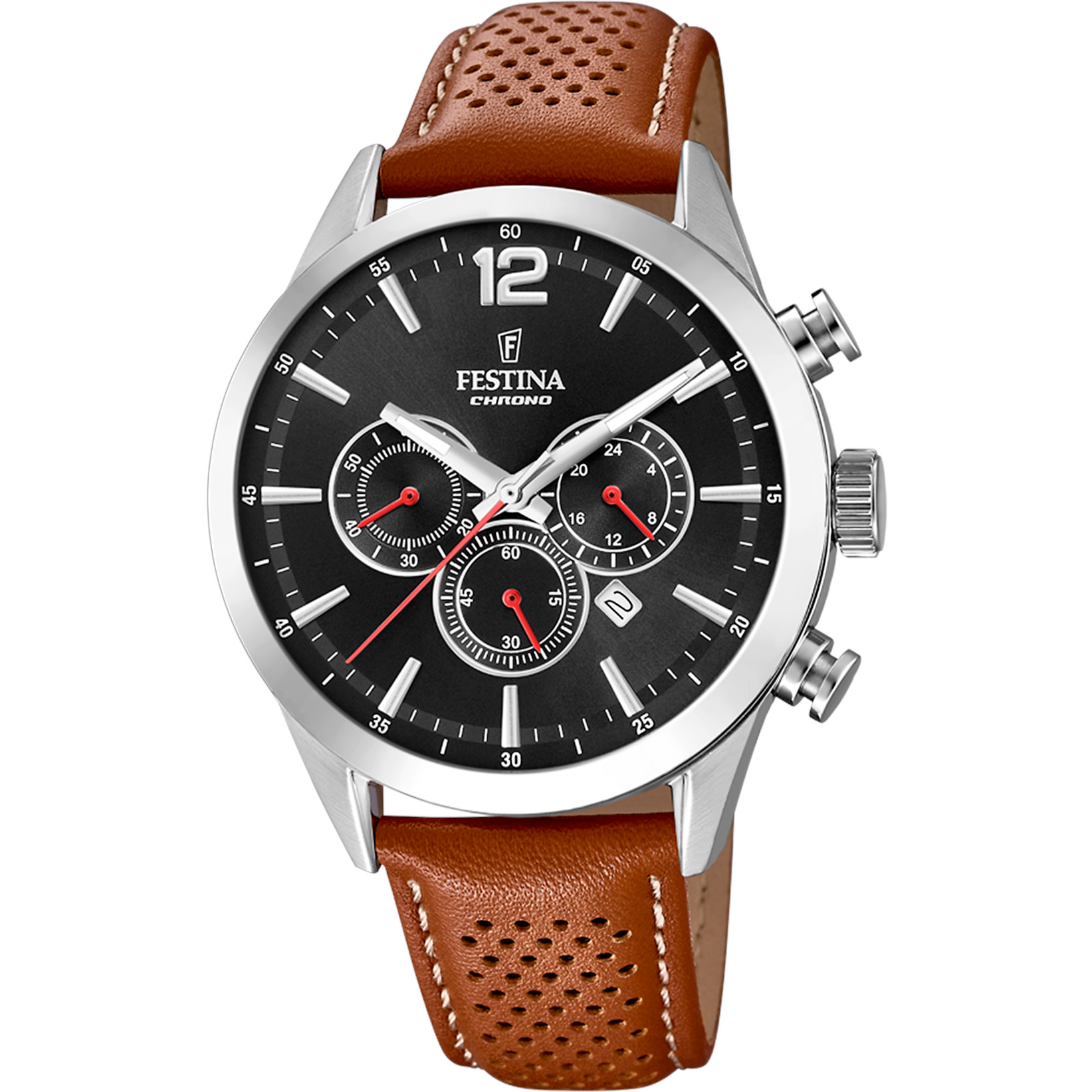 Festina Chronograph F20542-6 Schwarz Lederband Braun 43,5 mm