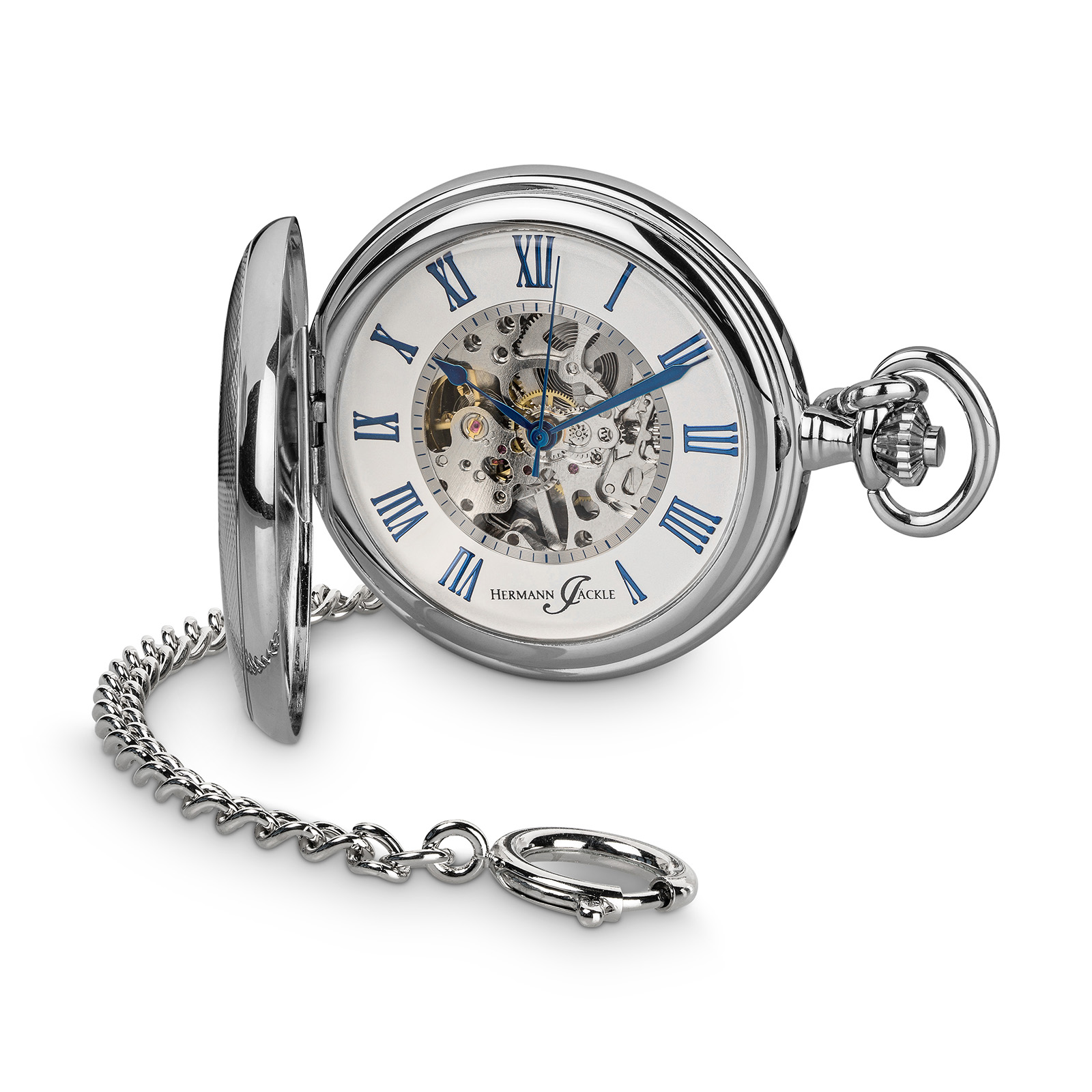 Hermann Jäckle Ettlingen Skelett Taschenuhr Handaufzug mit Kette & Reiseetui