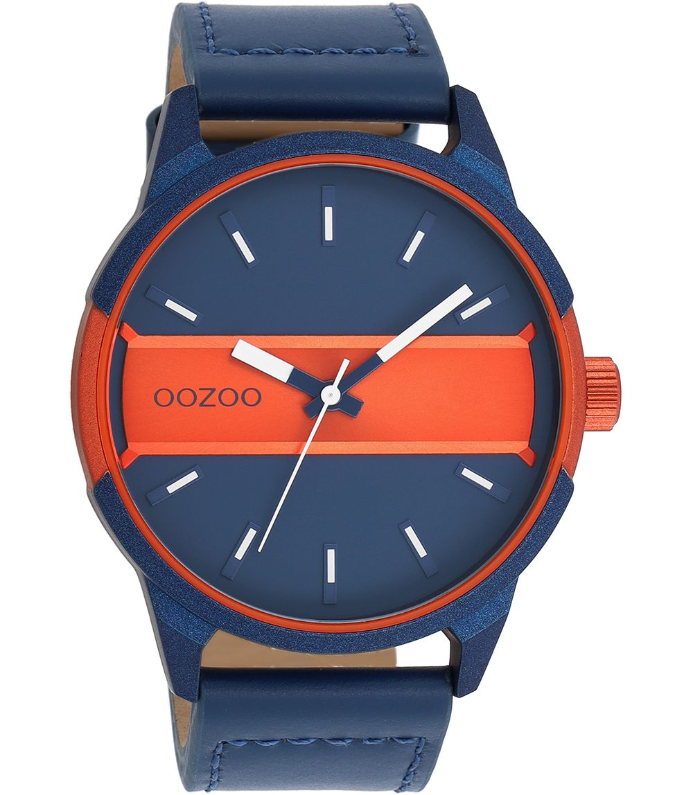 Oozoo Herrenuhr C11232 Blau-Orange Lederband Blau 48 mm