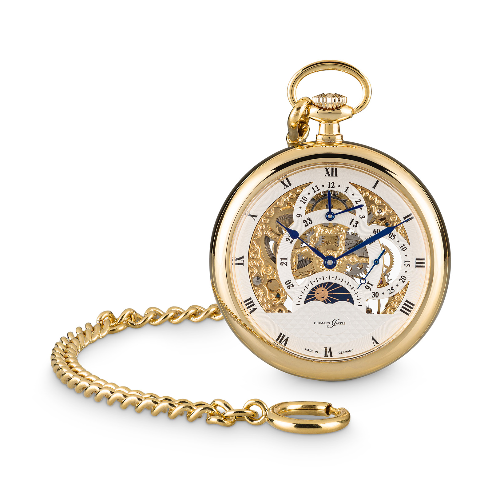 Hermann Jäckle Tuttlingen Vergoldet Skelett Taschenuhr Handaufzug Kette Reiseetui