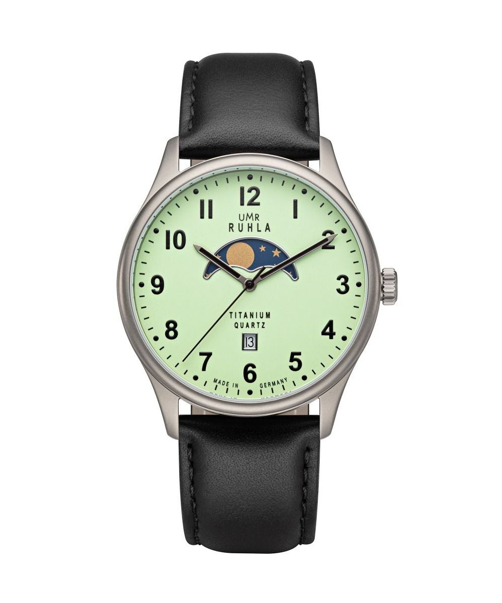UMR Ruhla Mondphase Herrenuhr 20910 Grün Lederband Schwarz 41,5 mm