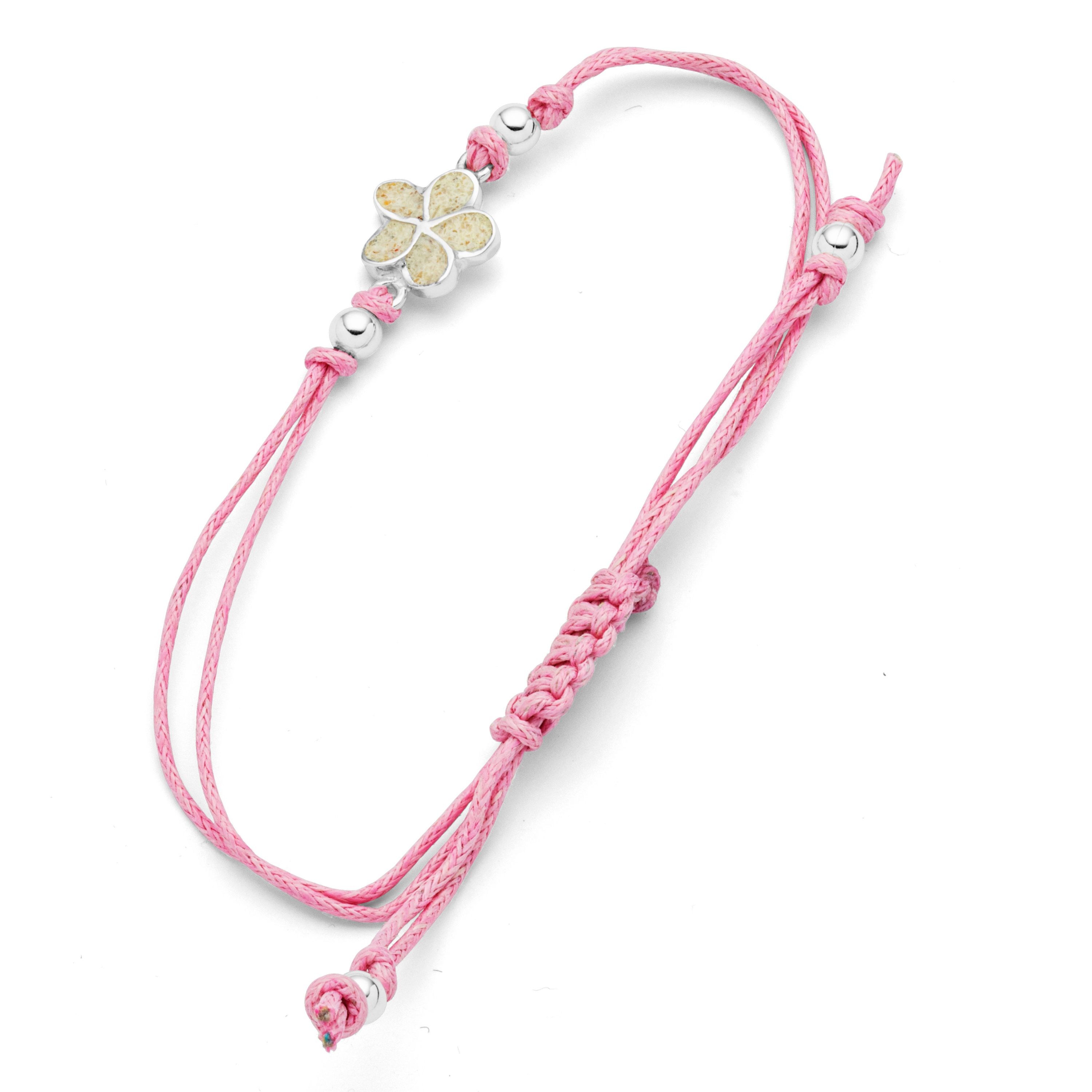 DUR Armband A1988 Plumeria Blüte – 925 Silber mit Strandsand, Baumwollband rosa