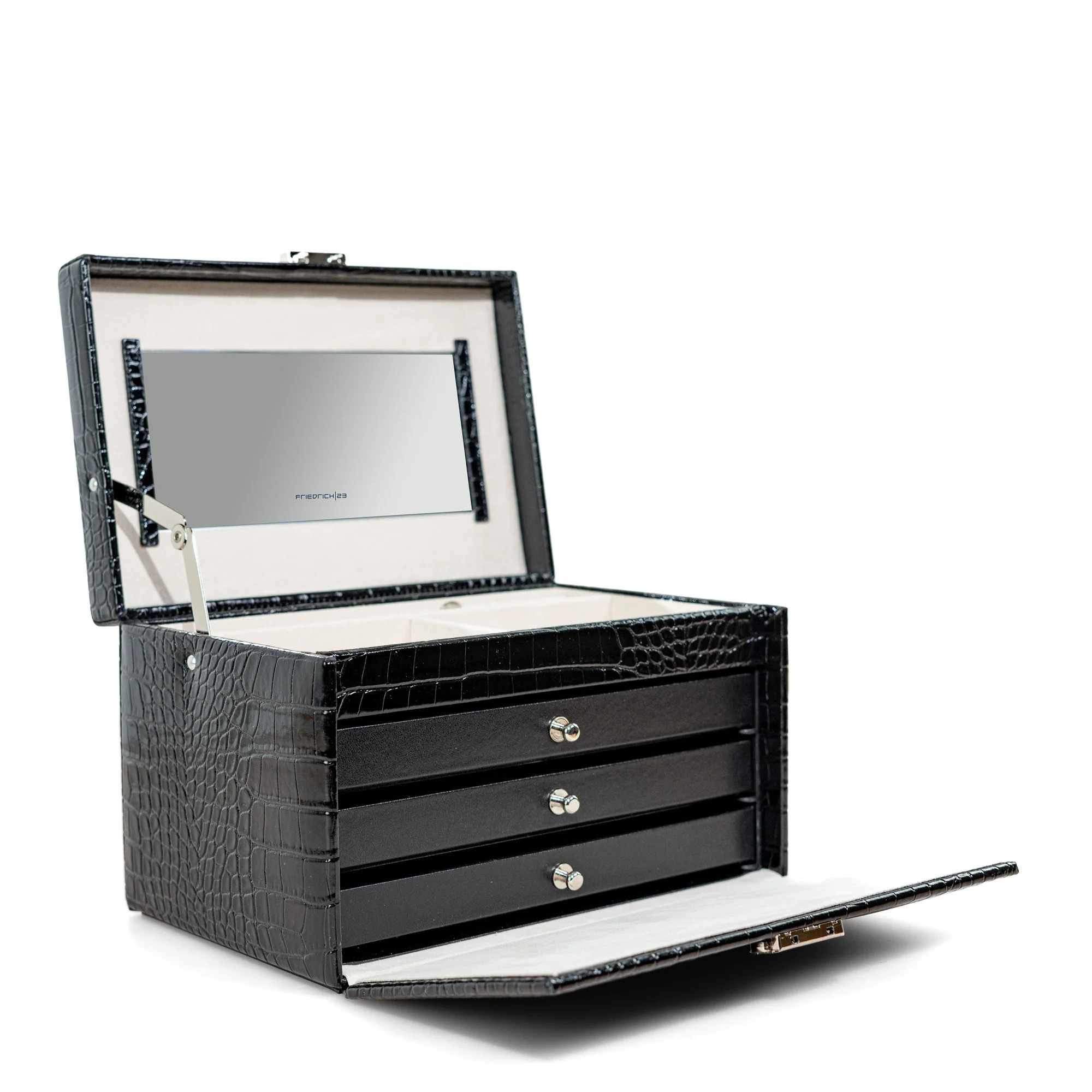 Friedrich23 Jolie 2.0 Schmuckkoffer 23254-20 – Krokooptik Schwarz mit Schloss & Schubladen