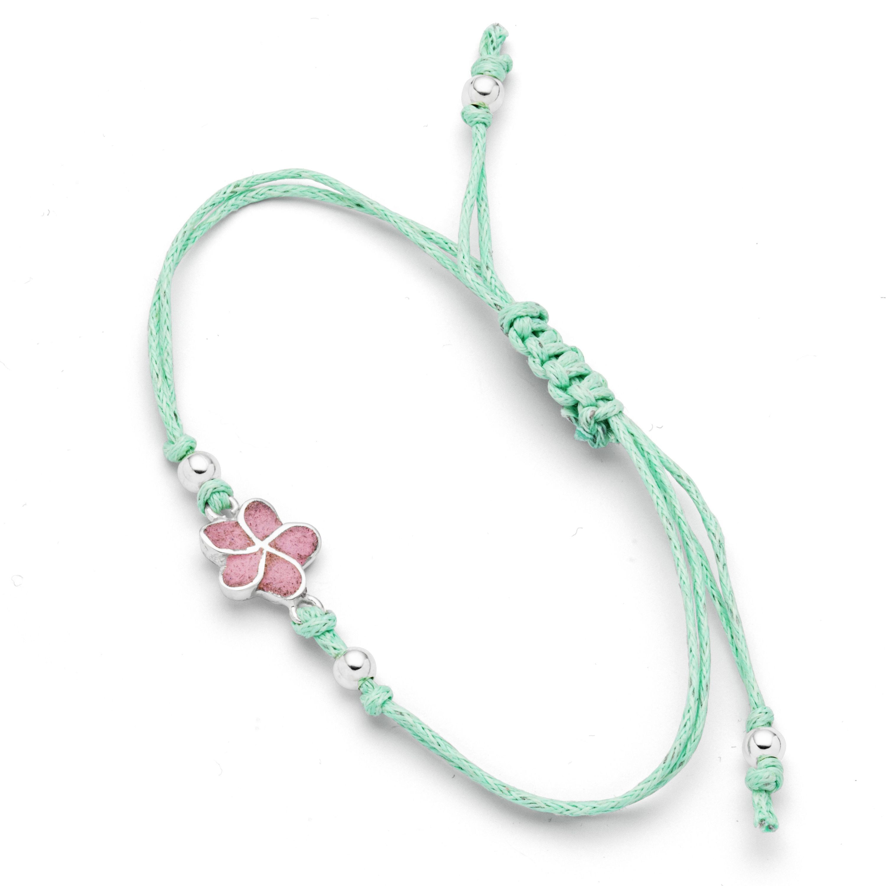 DUR Armband A1991 Plumeria Blüte – 925 Silber mit rosa Steinsand, Baumwollband mint