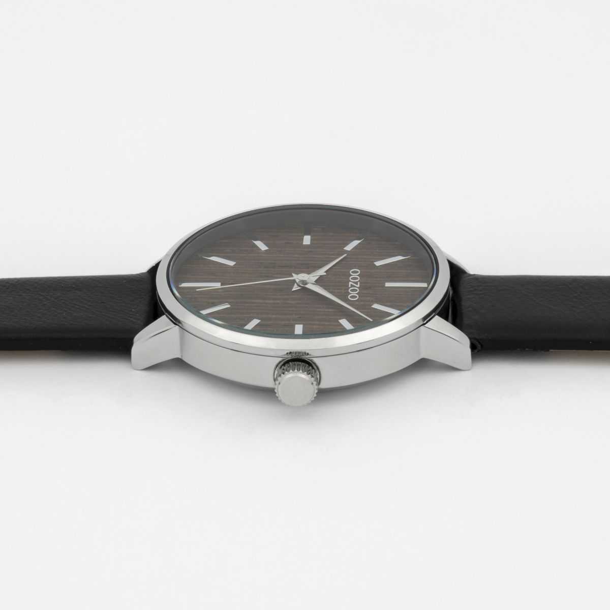 Oozoo Damenuhr C9254 Holzzifferblatt Walnuss silberfarben schwarz Lederband 42 mm Seitenansicht