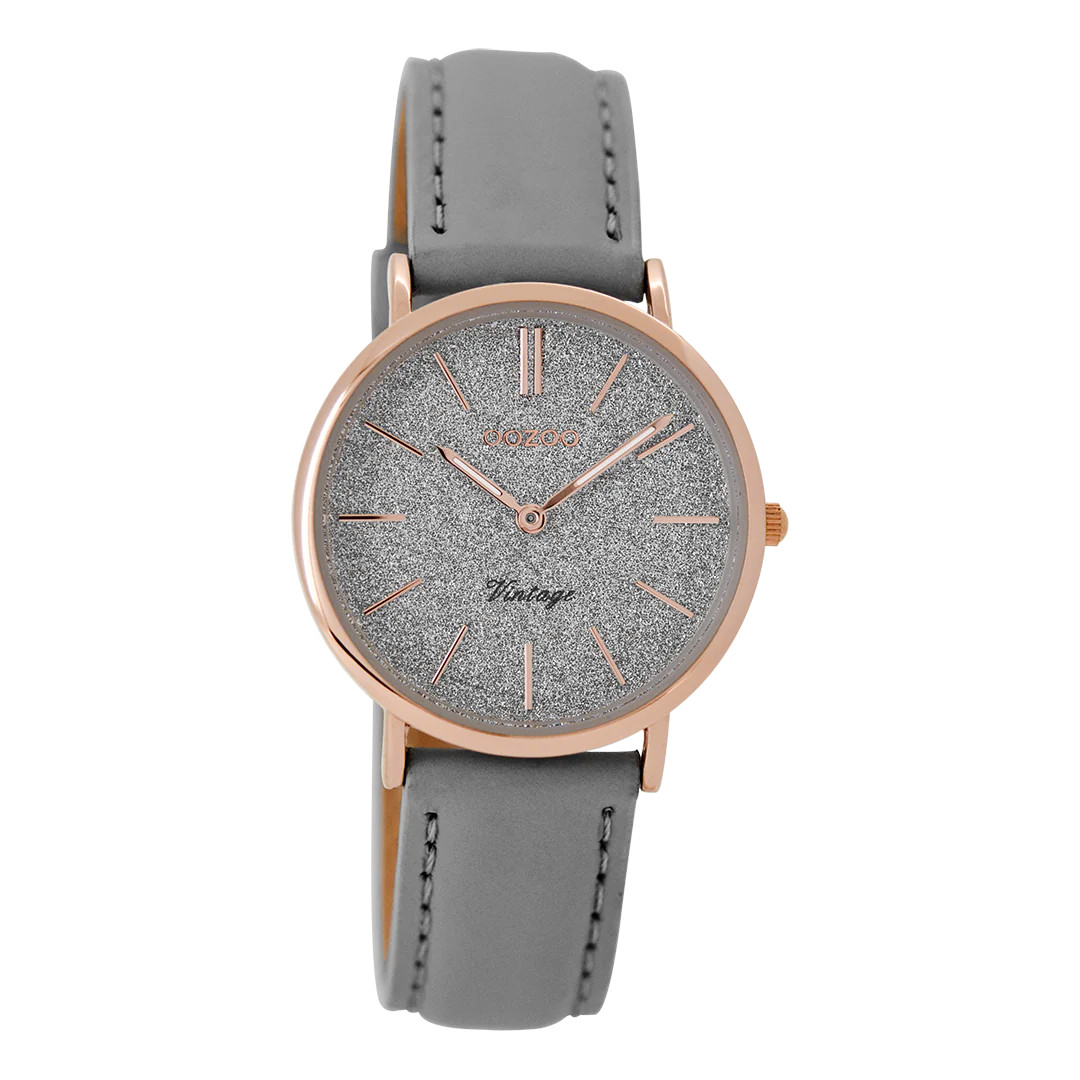 Oozoo Vintage Damenuhr C8831 IP-Rose Lederband Grau 32 mm