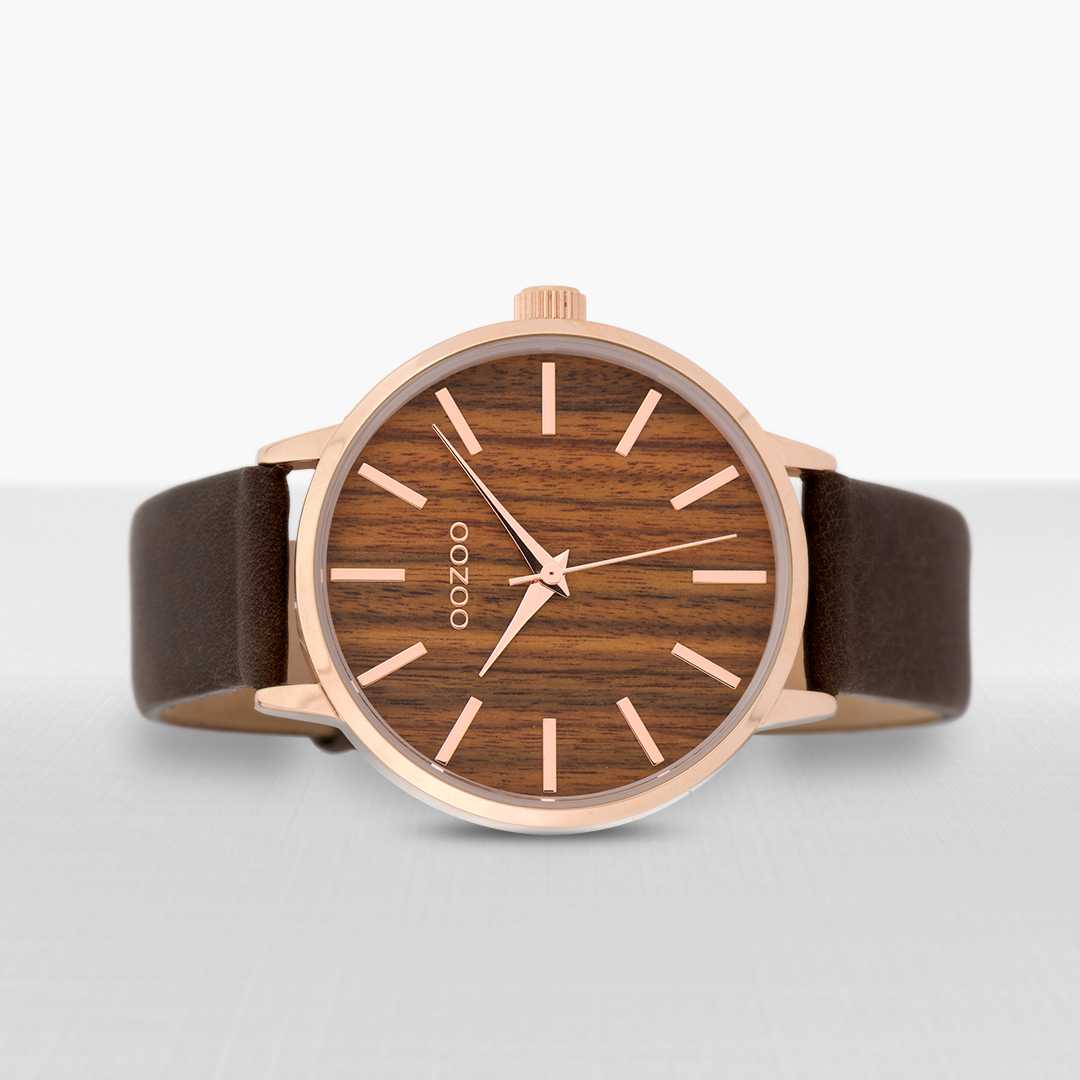 Oozoo Damenuhr C9253 Holzzifferblatt Kirsche rose braun Lederband 42 mm liegend