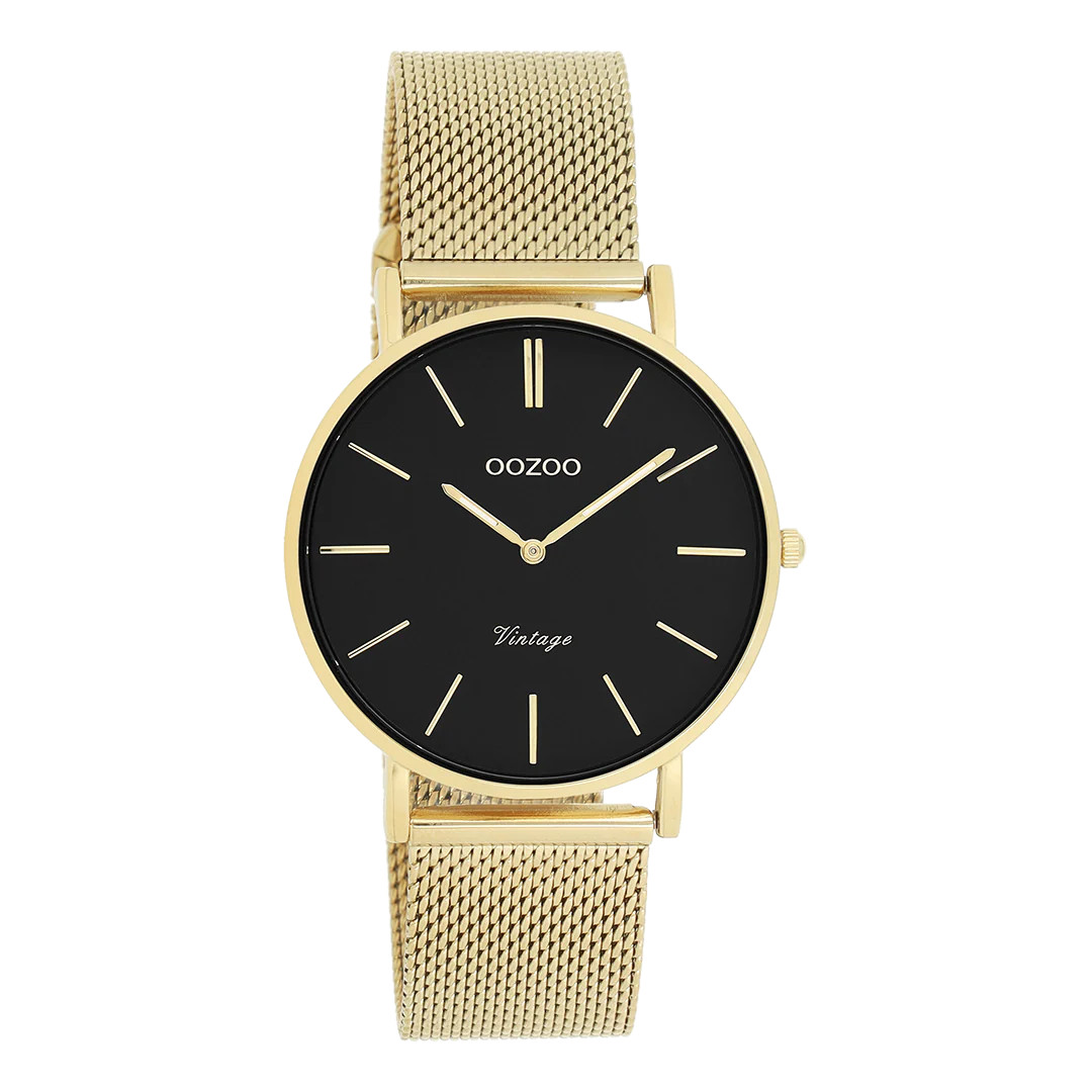 Oozoo Vintage Damenuhr C9914 Schwarz Milanaiseband IP-Gold 36 mm
