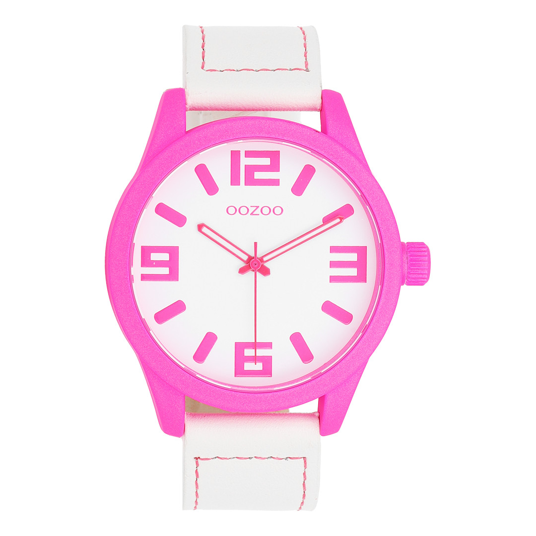 OOZOO XXL Armbanduhr C0903 – Pink & Weiß Damen 46 mm Lederband